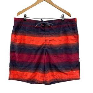 Speedo Swim Trunks Mens‎ Large Orange Red Black Stripe Mesh Lined Pockets